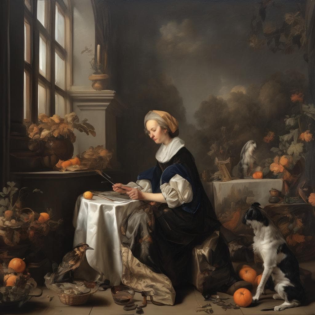 Λαμπερό κλασικό πίνακα τέχνης με γυναίκα που διαβάζει, περίοικους και σκύλο, με στοιχεία αισθητικής στην τέχνη και την πολιτική.