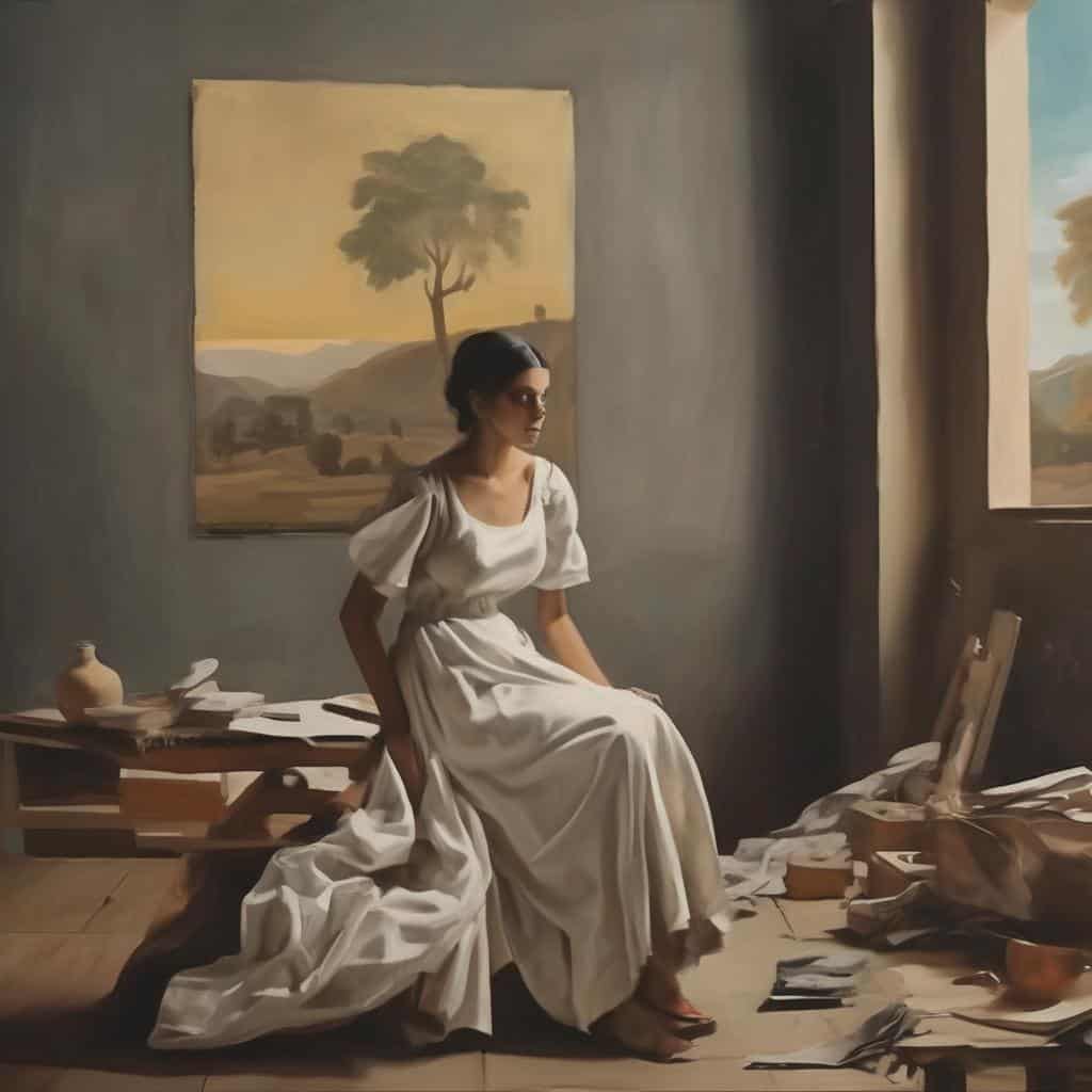 Όμορφη γυναίκα σε καμβά με φυσική σκηνή, αναδεικνύει την αισθητική στην τέχνη και την πολιτική.