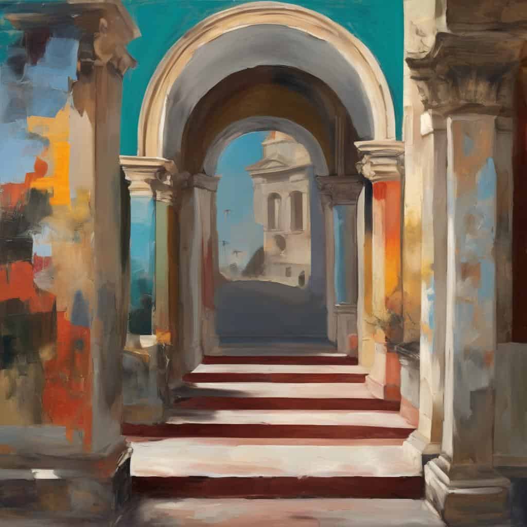 Αρχιτεκτονική τέχνη και πολιτική, ελαιογραφία με κλασικές καμάρες και σκαλοπάτια, ιστορία τέχνης, αισθητική στην τέχνη και τον πολιτισμό.