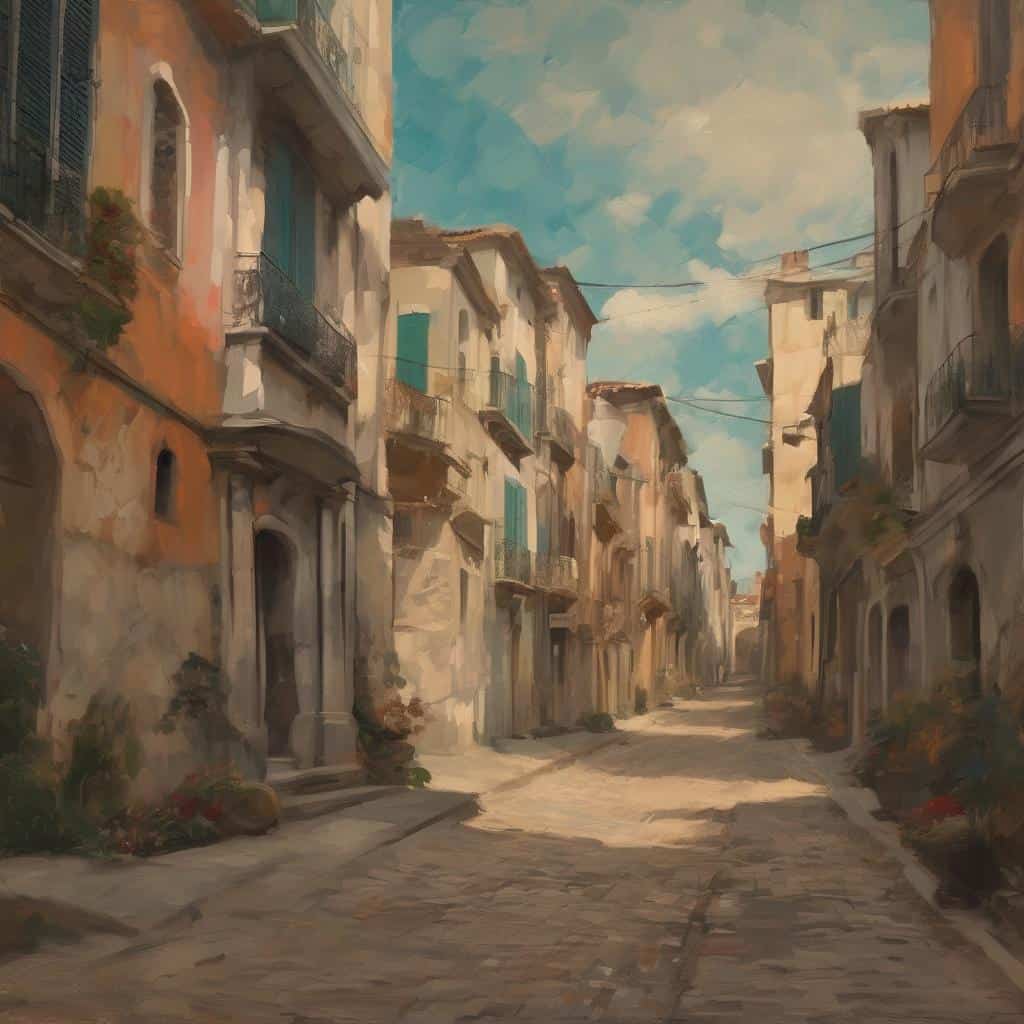 Παλιό γειτονικό σκηνικό με αρχιτεκτονική τέχνη και πολιτική επιρροή, σε ζωγραφική ατμόσφαιρα.